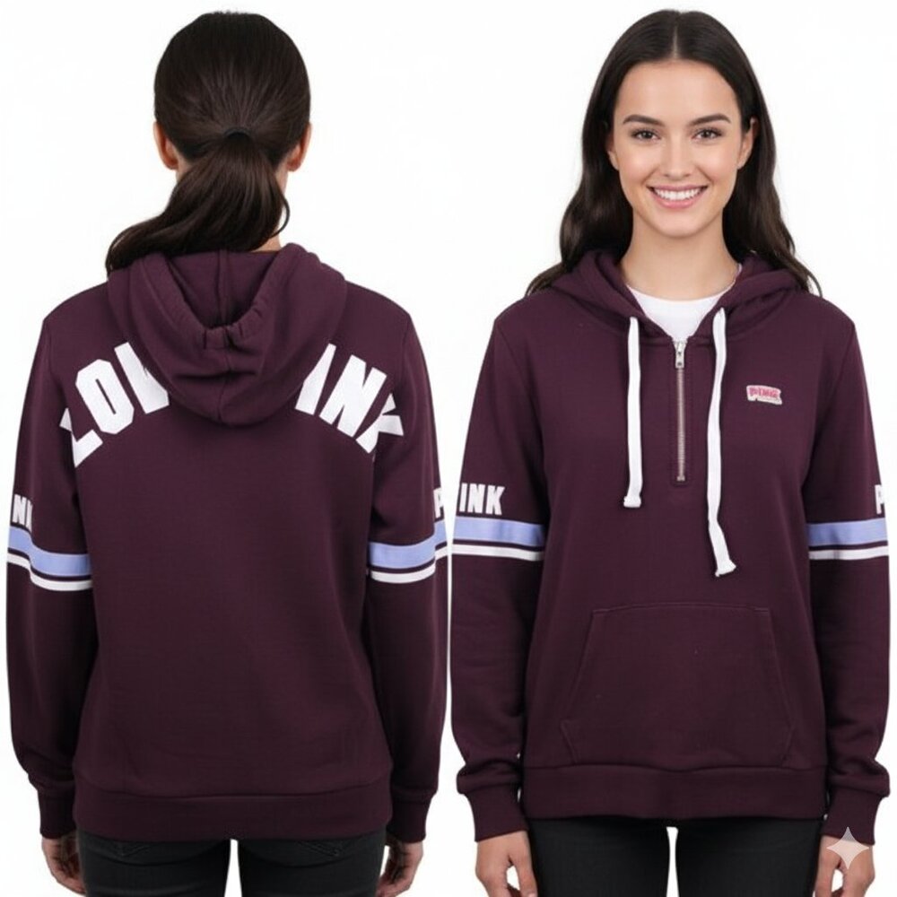 PINK Victoria’s Secret Burgundy Half-Zip Hoodie - Medium - LOVE PINK